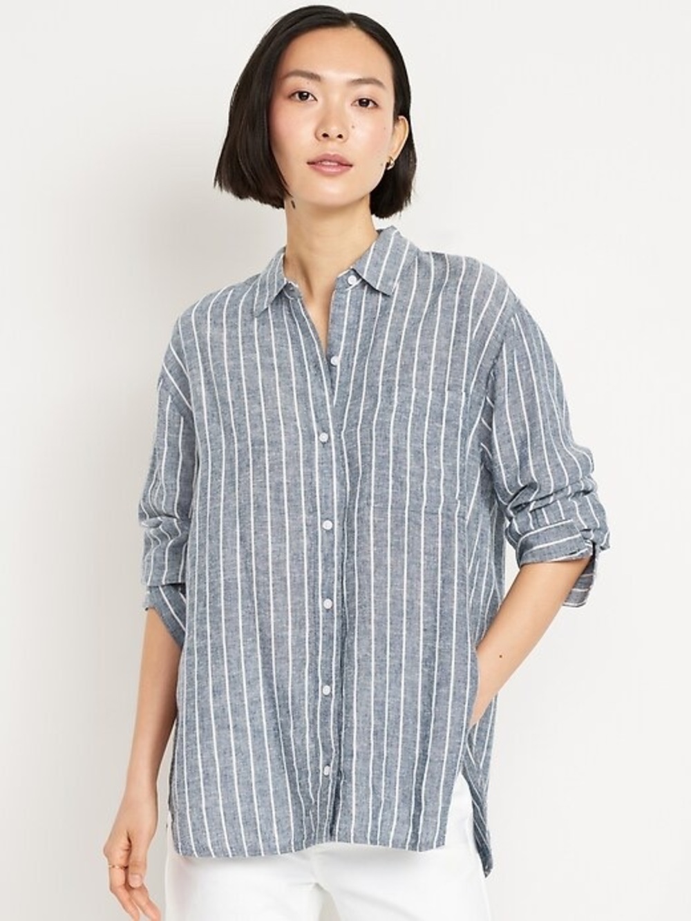Old Navy Button-Down Linen-Blend Striped Shirt: Blue Stripe - 2X